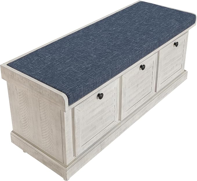 OSP Home Furnishings Dover Coastal Lift-Top Storage Bench with Shutter Face Styling, Distressed White Finish with Navy Fabric Cushion