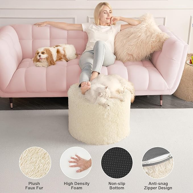 Hansleep Round Pouf Ottoman Foot Rest, 20 x 15 Small Faux Fur Stuffed Pouf for Chair, Foam Filled Foot Stools Ottomans for Living Room, Beige