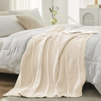Amélie Home Chevron Chenille Knit Throw Blanket for Couch, Cozy Texture Decorative Soft Blanket for Sofa & Chair, 50"x60", Ivory