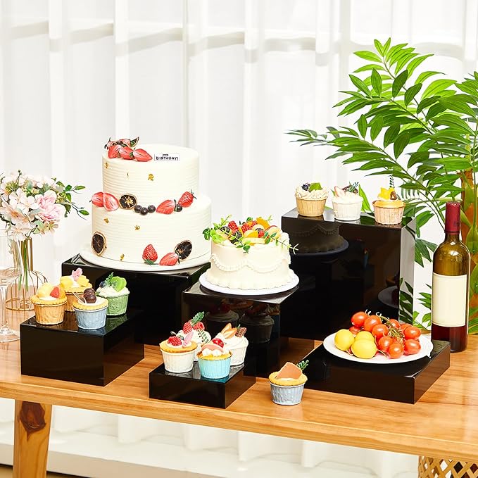 Leinuosen 6 Pcs Large Buffet Risers, 6 to 11 Inch Catering Dessert Table Risers Food Decorative Stands with hollow bottom for Catering Supplies, Party(Black, Square)