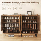 Yaheetech Shoe Storage Cabinet with Doors, Farmhouse Shoe Cabinet with 2 Adjustable Shelves and 4 Side Hooks, Wooden Shoe Rack Organizer Cabinet for Entryway, Foyer, Hallway, Rustic Brown
