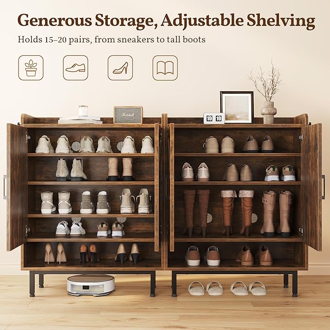 Yaheetech Shoe Storage Cabinet with Doors, Farmhouse Shoe Cabinet with 2 Adjustable Shelves and 4 Side Hooks, Wooden Shoe Rack Organizer Cabinet for Entryway, Foyer, Hallway, Rustic Brown