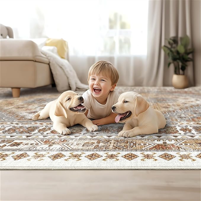 4x6 Area Rugs for Living Room, Non-Slip Backing Small Kids Rugs for Bedroom, Vintage Floral Rug Home Decor, Low Pile Soft Washable Rug for Kitchen, Dining Room (Orange,4'x6')