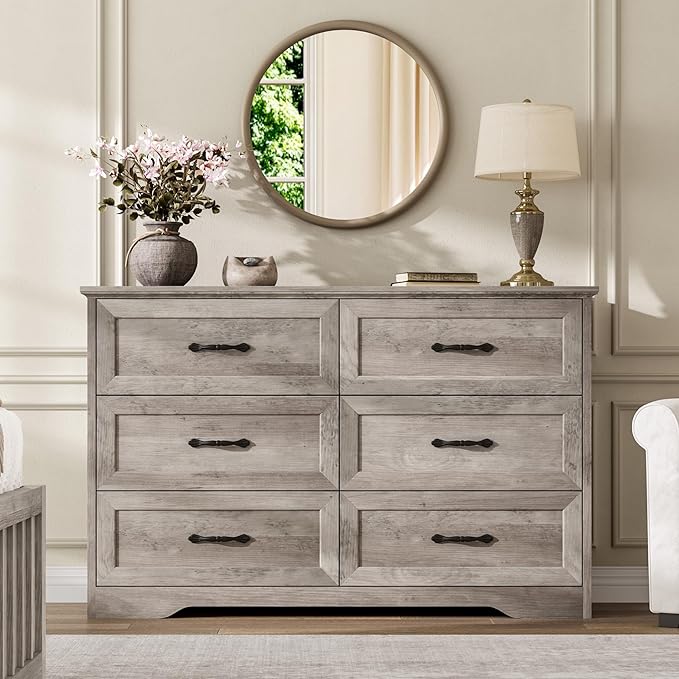 GAOMON Farmhouse 6 Double Drawers Dresser for Bedroom, 47.2'' Wide Chest of Drawer, Wooden Horizontal Dresser with Metal Handles and Stable Base, Modern Cabinet for Bedroom, Living Room, Grey