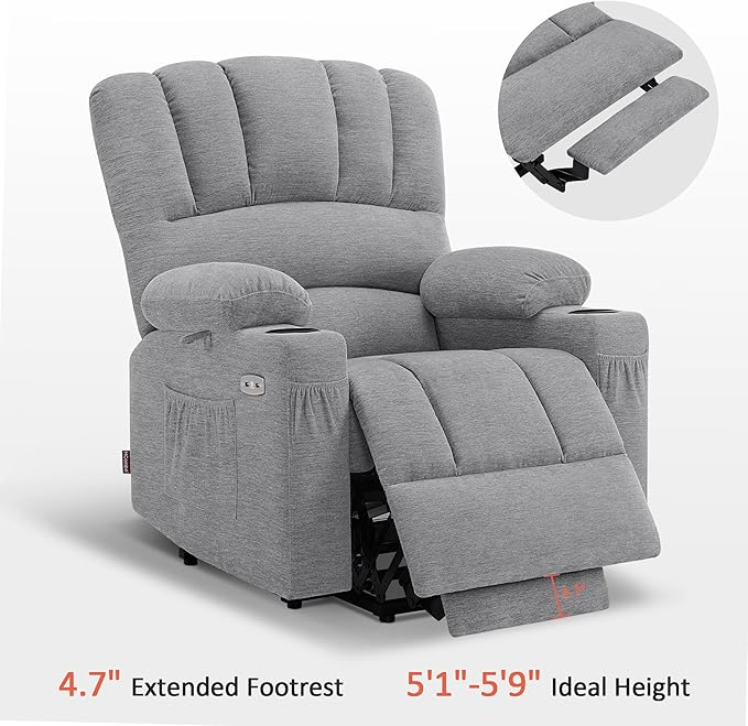 MCombo Power Lift Recliner Chair for Elderly, Lift Chair with Heat and Massage, USB &Type C Ports, Cup Holders, Fabric 7095 (Medium, Grey)