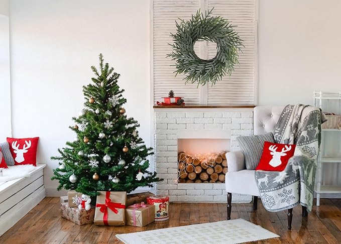 20 Inch Norfolk Pine Winter Wreath (Green & White) - Artificial Pine Greenery Christmas Winter Wreaths for Front Door Porch Wall Window Porch Fireplace Indoor Outdoor Decor Decorations