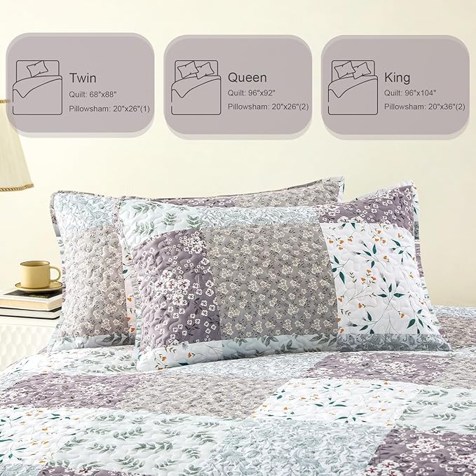 Whale Flotilla Patchwork Quilts Queen Size, Extra Soft Boho Floral Bedspreads for Bed Reversible Lightweight Full Queen Quilt Bedding Set Printed Coverlets with 2 Pillow Shams for All Seasons, Grey