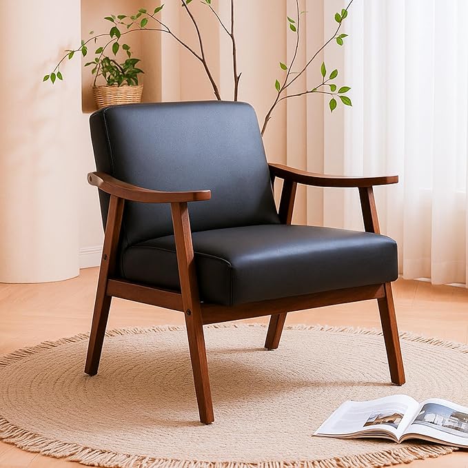 Accent Chair with Microfiber Upholstery and Solid Wood Frame, Classic Mid-Century Modern Living Room Furniture for Extra Seating, Black PU/PVC