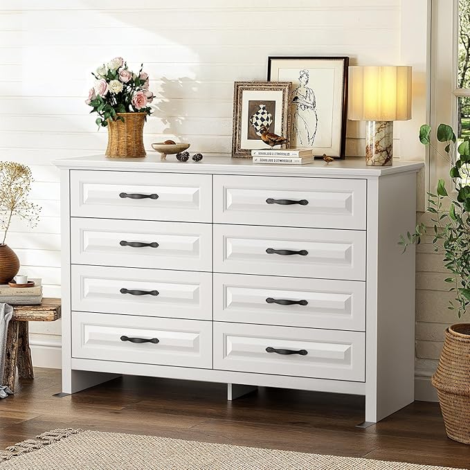 Marsail Farmhouse 8 Drawer Dresser, Wood Chest of Drawers with Natural Texture, Smooth Gliding Drawers, Versatile Storage Organizer Cabinet for Bedroom & Living Room, White