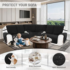 Reclining Sectional Couch Covers 100% Waterproof Velvet L Shape Recliner Couch Covers for Sofa Pets Washable Anti Slip Recliner Slipcovers with Pockets (5 Seat Sofa with 2 Console, Black)