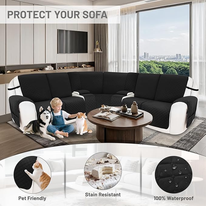 Reclining Sectional Couch Covers 100% Waterproof Velvet L Shape Recliner Couch Covers for Sofa Pets Washable Anti Slip Recliner Slipcovers with Pockets (5 Seat Sofa with 2 Console, Black)