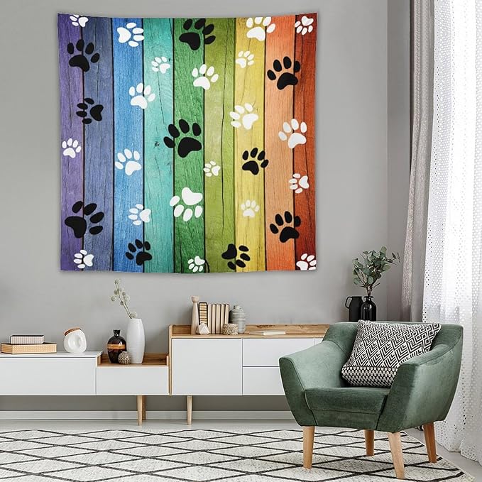 VUMIVI Dog Paw Tapestry Vintage Rustic Colorful Barn Boards Black White Animal Footprints Tapestry Wall Hanging for Living Room Bedroom Dorm Classroom Aesthetic Decor W60xL60in