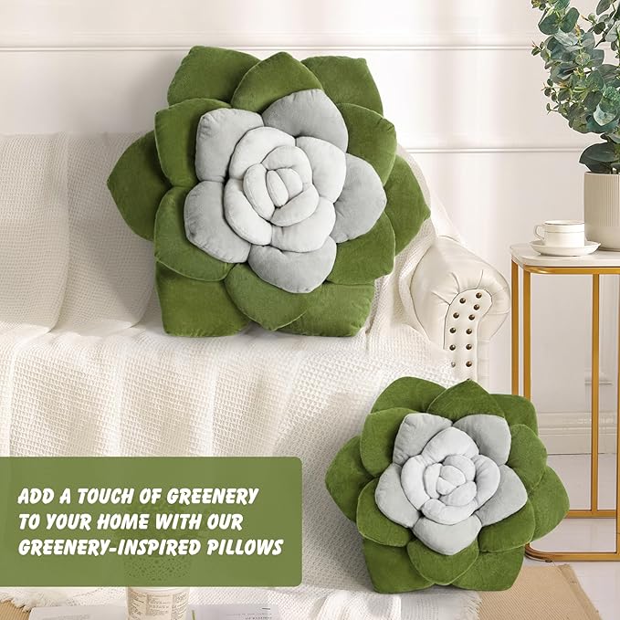 Flower Throw Pillow - 13.8" Plant Shaped Cushion, Soft Plush Decorative Pillow for Bedroom & Living Room, Unique Green Design, Home Decor Accen