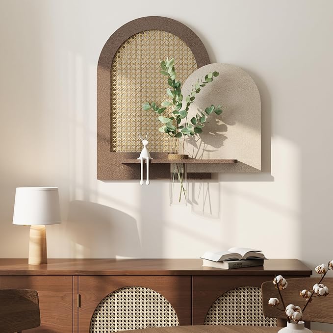 Troartos 3D Textured Boho Neutral Wall Art Decor With Shelf, Modern Beige and Brown Artwork for Walls With Green Accent, Minimalist Wall Decor for Living Room, Hallway, Kitchen, Bedroom, Office 24x24