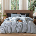 MooMee Wavy Striped Duvet Cover Set 100% Washed Cotton Linen Like Textured Breathable Durable Soft Comfy (Cornflower Blue, Queen 90"x90")