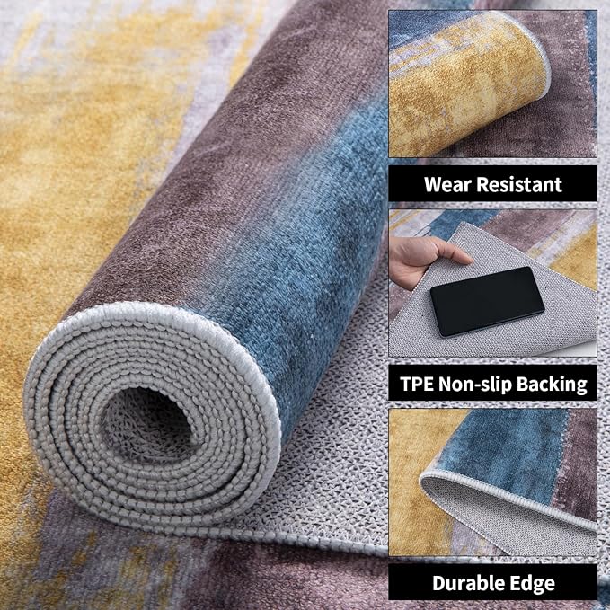Ciicool 5ft Round Washable Rug, Modern Abstract Circle Rugs, Non-Slip Thin Lightweight Rug Yellow Blue Circular Print Distressed Carpet for Bedroom Living Room Under Dining Table Home Office Decor