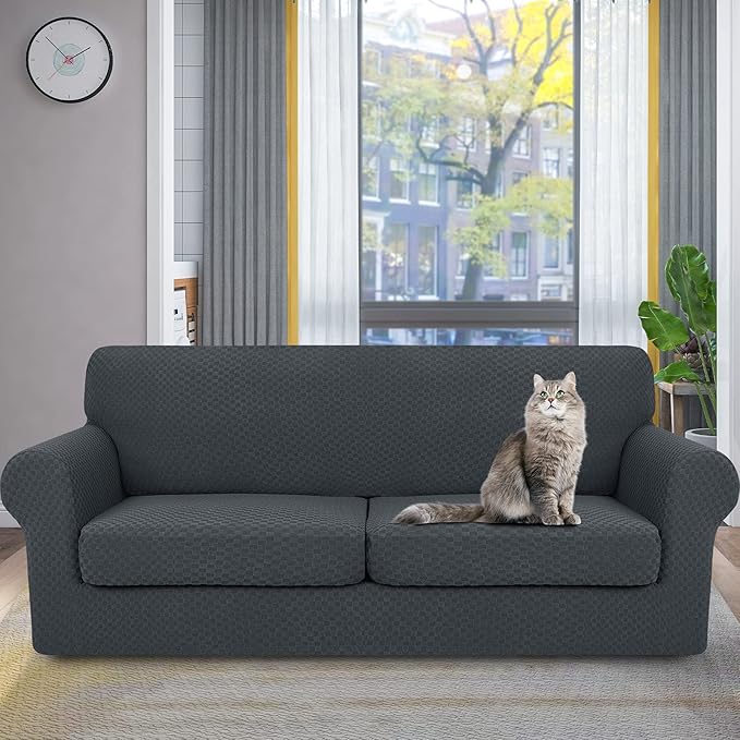 YEMYHOM Latest Checkered 3 Pieces Couch Covers for 2 Cushion Couch High Stretch Sofa Cover with 2 Extra Large Seat Cushion Covers Anti Slip Elastic Slipcovers (Dark Gray), 71"-91"(2 Cushions)