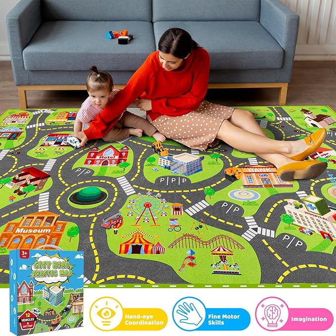 Kids Car Rug Play Mat with 12 Toy Vehicle Set, Kid Road Playmat Rug for Toy Cars, Cars Play Rugs Town City Map Carpet,Toddler Car Track Rugs for Kids Boys Playroom Bedroom (60"X36", City Map+Vehicle)