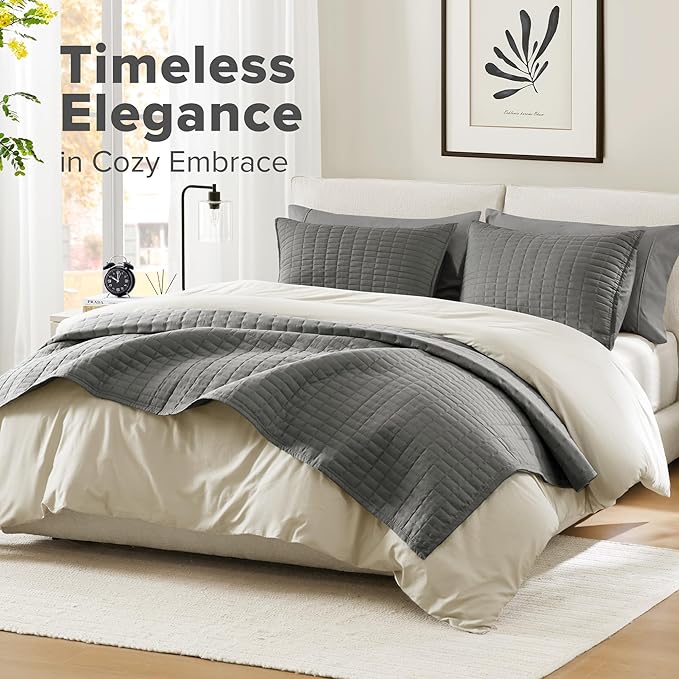 Comfort Spaces Kienna Quilt Set- Double Sided Stitching Design Summer Blanket, Lightweight, Soft, All Season Bedding Layer, Matching Sham, Charcoal, Coverlet King (104"x90") 3 Piece