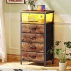Huuger Night Stand with Charger Station and LED Lights, 4 Drawer Nightstand, Bed Side Table with Open Shelf, End Table, Fabric Dresser for Bedroom, Rustic Brown