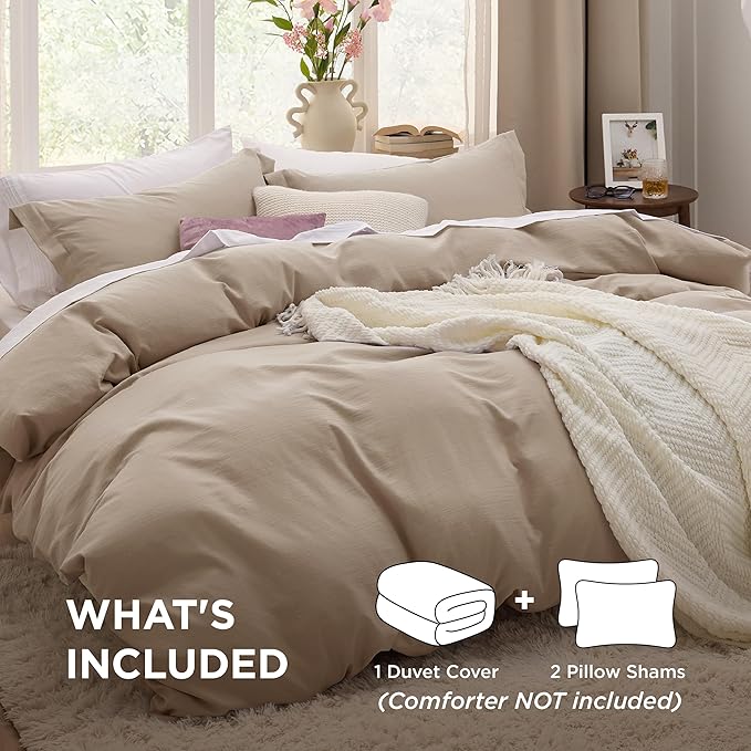 Bedsure Deep Beige Duvet Cover Queen Size - 3 Pieces Prewashed Cotton-Like Extra Soft Bedding Set, Includes 1 Duvet Cover 90x90 Inches with Zipper Closure & 2 Pillow Shams, Comforter Not Included