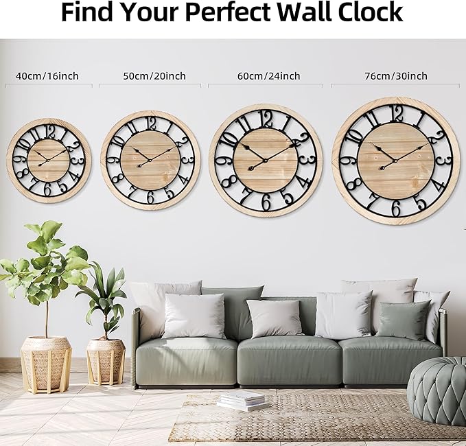 Maxstar 24'' Wall Clock for Living Room Decor, Ultra-Silent Rustic Wooden Farmhouse Wall Clock with Metal & Real Wood Frame, Battery Operated, for Kitchen Bedroom Office, Arabic Numerals