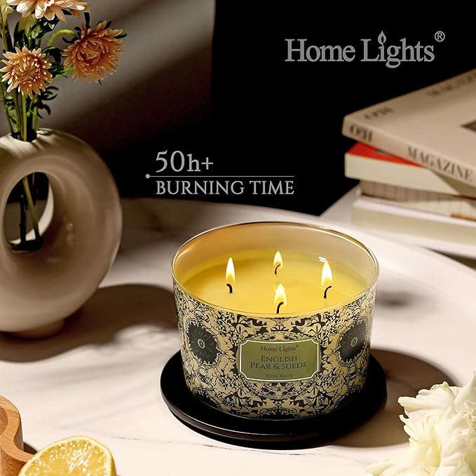 HomeLights Soy Wax Candles for Home Scented, 4-Wick Candles in English Pear & Suede Scented, Aromatherapy Candles Gift for Parties, Relaxing, Bohemian Natural Textures, 18oz