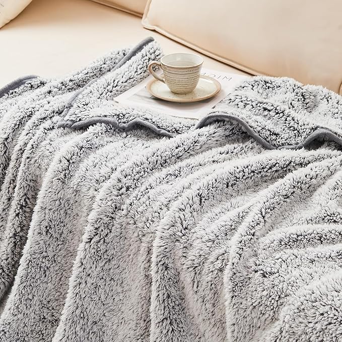 EMME Soft Sherpa Fleece Blanket Reversible Plush Fluffy Large Blanket, Light Weight Warm Decorative Boho Blanket Cover for Sofa, Couch, Bedroom,Travel(Plush Grey,60"x80")