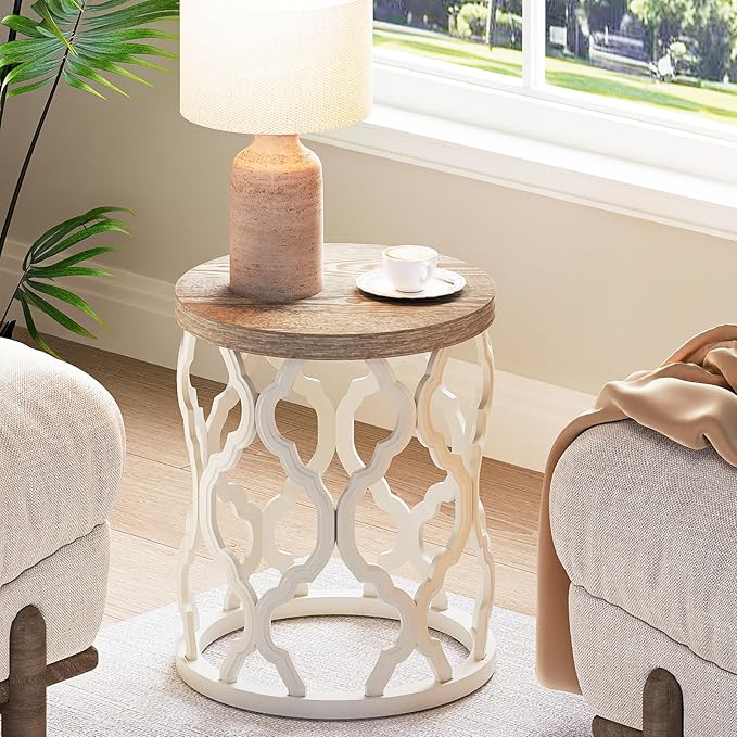 karlott Farmhouse End Table, 18.5'' French Country Round Side Table, Distressed Top Side Table with Curved Motif Frame Base for Boho, End Tables Living Room, Bedroom, Small Space, Easy Assembly