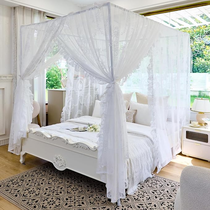AIKASY Elegant Lace Princess 4-Poster Bed Canopy Mosquito Net - Romantic Wedding Bridal Bedroom Decor, Kids Room Bed Curtain for Women Adults - (White-2,Full)