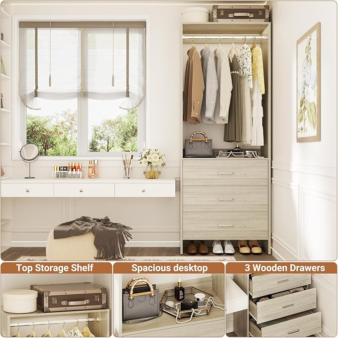Aheaplus Closet System Closet Organizer, Wood Closet Organizer System, Walk-in Closet or Small Closets Wardrobe, Clothes Rack with Hanging Rods, 8FT Closets, Set of 4, -D1, White Oak