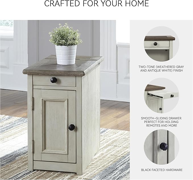 Signature Design by Ashley Bolanburg Farmhouse Chair Side End Table, 2 USB Ports, Pull-out Tray, Wood, 14" W x 24.25" D x 23" H, Antique Cream & Brown