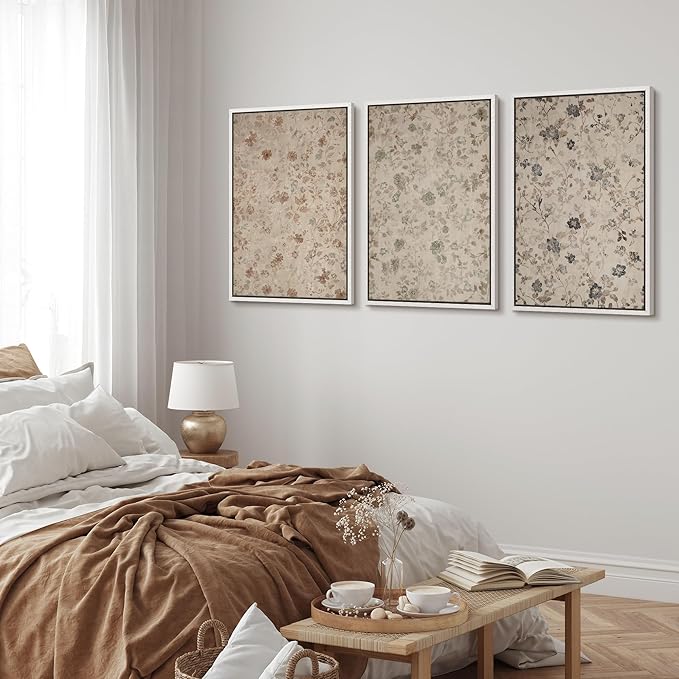MUDECOR Framed Wall Art Print Set Vintage Floral Botanical in Neutral Tones Illustrations Realism Decorative for Living Room, Bedroom, Office - 24"x36"x3 White
