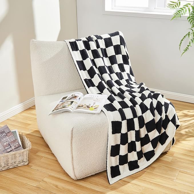 CozeCube Super Soft Fullfy Microfiber Reversible Knitted Blankets, Warm Cozy Fuzzy Plush Throw, Black and White Checkered Throw Blanket for Couch Bed Sofa, 60" x 80"