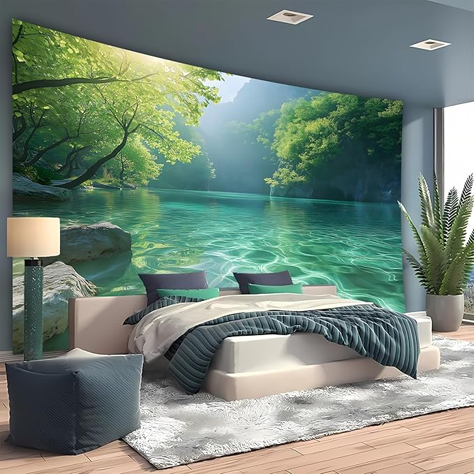BSFHH Nature Tapestry Forest Tree Sea Cave Wall Hanging, Stream Through Rainforest Landscape Wall Art Tapestry for Bedroom Living room (Lake View, 79"×59", Unframed)