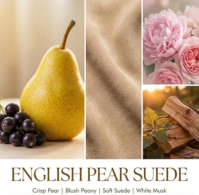 HomeLights Soy Wax Candles for Home Scented, 4-Wick Candles in English Pear & Suede Scented, Aromatherapy Candles Gift for Parties, Relaxing, Bohemian Natural Textures, 18oz