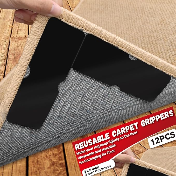 Rug Carpet Non Slip Grippers, Reusable Rug Tape Pads, Strong Adhesive Carpet Grippers for Area Rugs, Keep Corners Flat, No Damaging for Floor Removable, 12Pcs
