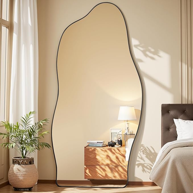 Antok Full Length Mirror, 76"x36" Floor Mirror with Stand, Standing Hanging Leaning Irregular Mirrors for Bedroom Living Room Entryway, Cloud Shaped, Black