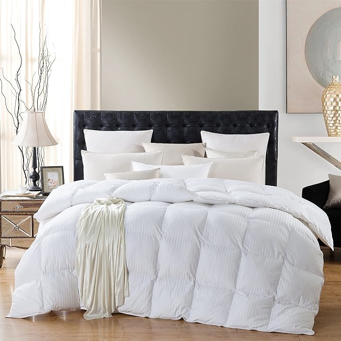 Luxurious All-Season Goose Down Feather Fiber Comforter Duvet Insert, Exquisite California King White Stripe Design, Premium Baffle Box, 100% Cotton Down Proof Fabric, 75 oz. Fill Weight