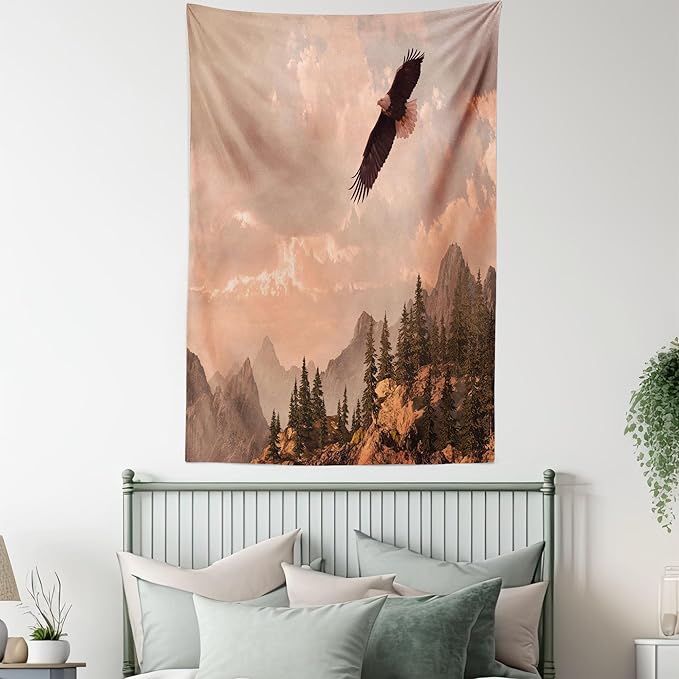 Ambesonne Eagle Tapestry Queen Size, Nature Photography of Rocky Mountains and Forest a Bird Flying over It, Wall Hanging Bedspread Bed Cover Wall Decor, 88" X 88", Rose Green