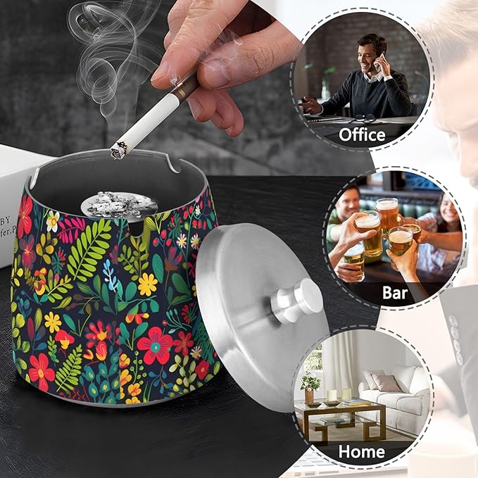 Colorful Bright Little Flowers Ashtray with Lid, Outdoor Ashtrays for Patio, Stainless Steel Ashtray Odorless Smokeless for Home Office Balcony