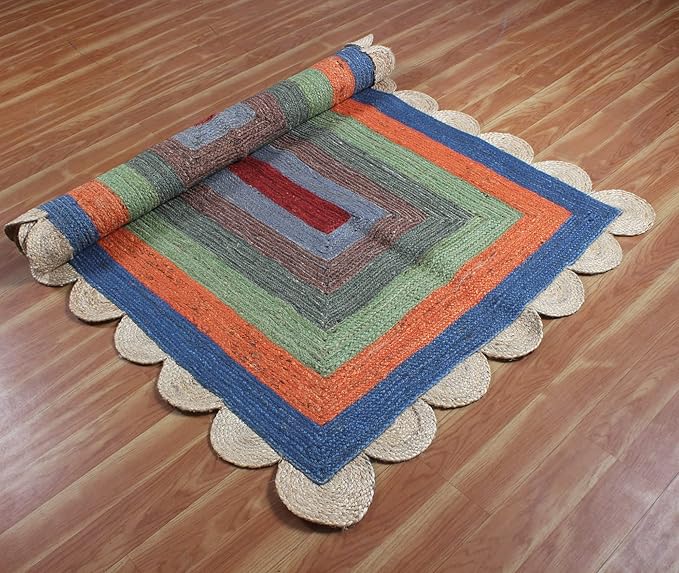 Scalloped Jute Rug, Hand Woven Runner Area Rug, 2.6x8 Ft Beige & Multicolor Braided Natural Sisal Kilim Rugs for Living Room, Kitchen, Entryway, Farmhouse