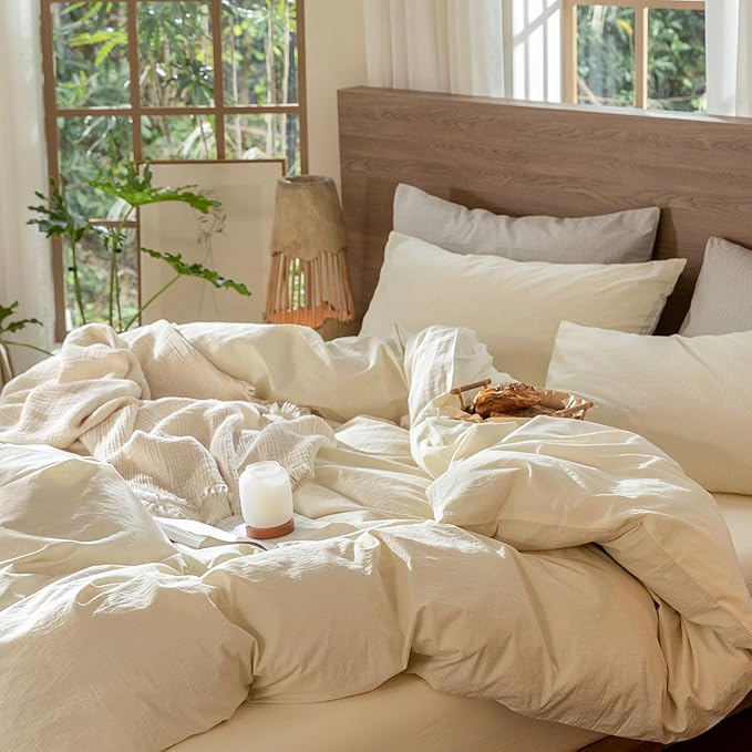 MooMee Wavy Striped Duvet Cover Set 100% Washed Cotton Linen Like Textured Breathable Durable Soft Comfy (Cream White, Alaska King 132"x120")
