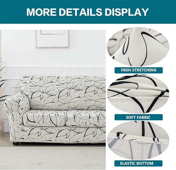 KRFOONN 3 Piece Printed Couch Cover for 2 Cushion Couch Stretch Sofa Loveseat Slipcover with 2 Separate Seat Cushion Covers Furniture Protector with Elastic Bottom for Living Room (Loveseat, 58)