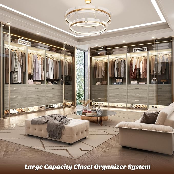 Aheaplus Closet System Closet Organizer, Wood Closet Organizer System, Walk-in Closet or Small Closets Wardrobe, Clothes Rack with Hanging Rods, 4FT Closets, Set of 2, White Oak