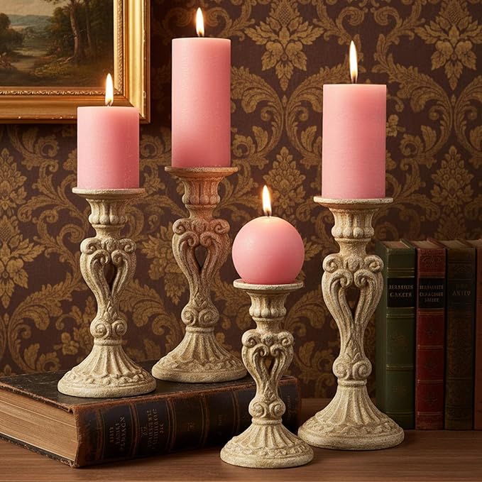 Pink Rustic Textured Pillar Candles Set - 4 Pcs Assorted Sizes Unscented Pillar Candle, Decorative Farmhouse Candles for Home Centerpiece Decor, Holiday Dinner Table, Dripless & Smokeless