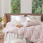 MooMee Striped Duvet Cover Set 100% Washed Cotton Linen Like Textured Breathable Durable Soft Comfy (Heathered Greyish Pink White Wide Stripes, Cal King 104"x98")