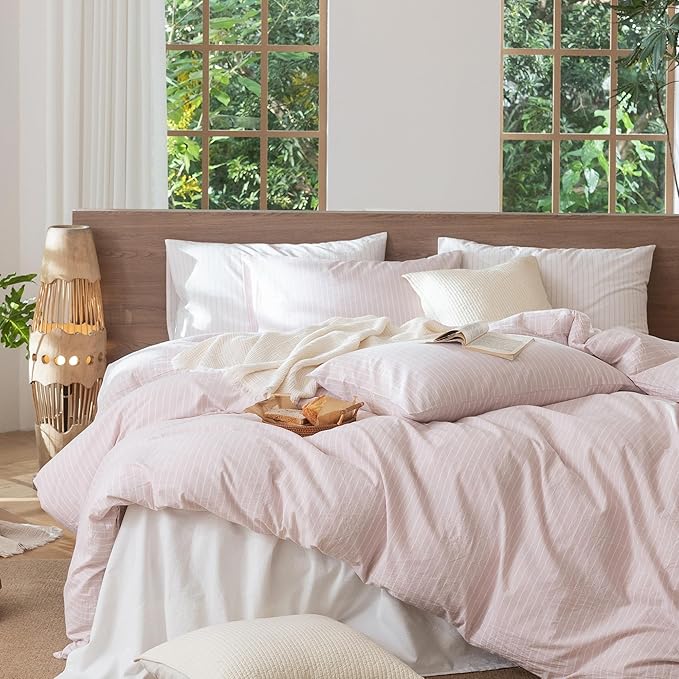 MooMee Striped Duvet Cover Set 100% Washed Cotton Linen Like Textured Breathable Durable Soft Comfy (Heathered Greyish Pink White Wide Stripes, Full 80"x90")