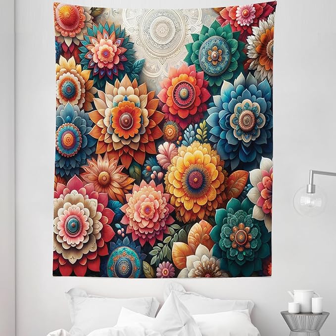 Ambesonne Flower Tapestry Twin Size, Contemporary Wild Floral with Delicate Oriental Feel Petals Boho Hippie, Wall Hanging Bedspread Bed Cover Wall Decor, 68" X 88", Vermilion Teal Sea Blue