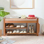 Shoe Bench with Hidden Drawer and Side Holder, 2 Tier Entryway Bench with Storage 39.4 in, Bamboo Shoe Rack with Cushion for Entryway Hallway Living Room Bedroom